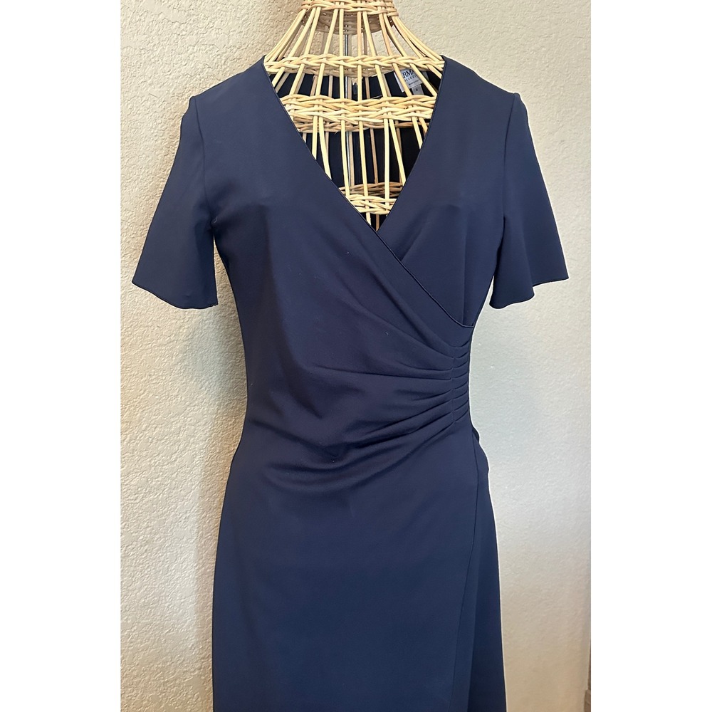 Armani Collezioni Navy Blue Faux Wrap Ruched Sheath Dress Made in Italy 4 Luxe - Picture 6 of 16